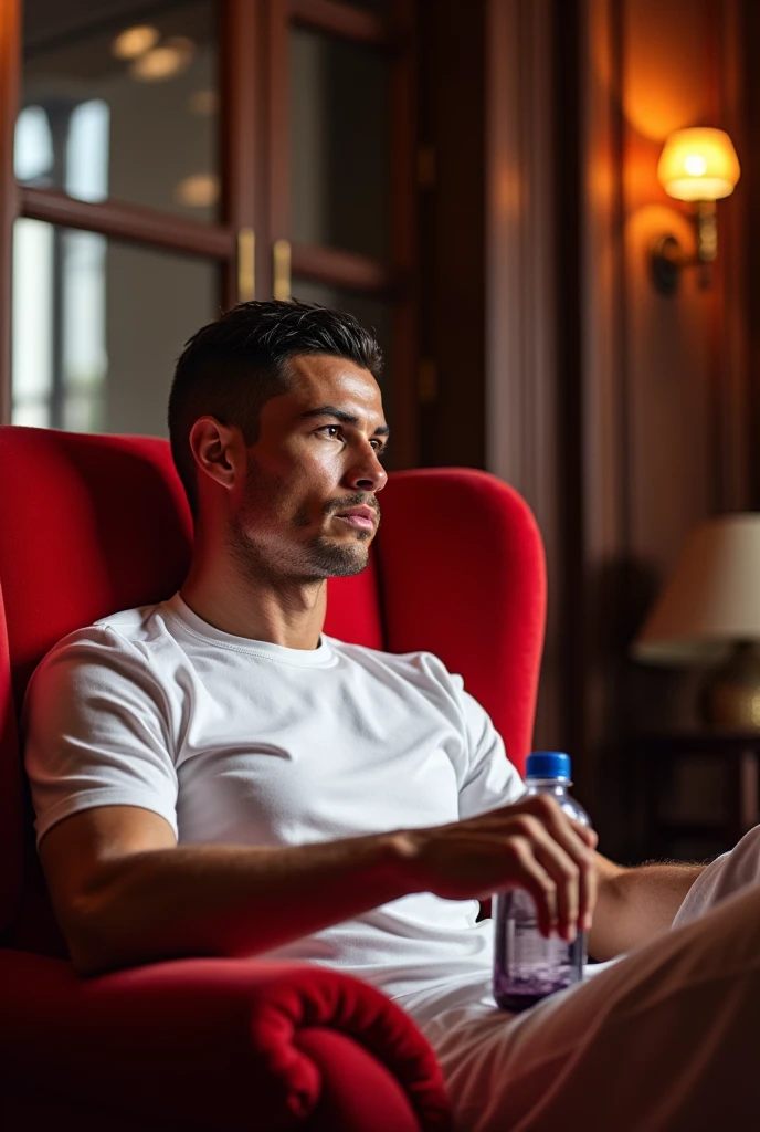 Cristiano Ronaldo;sur un son de luxe,assis sur un fauteuil de luxe et regarde la télévision dans son salon de luxe meublé,porte une culot rouge avec un peut de blanc,un t-shirt blanc Adidas,des claquette rouge luxe