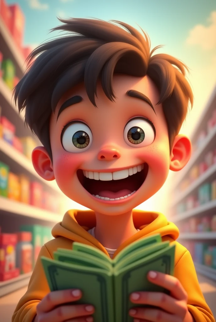 “A close-up of a young boy’s face, around , his eyes wide with excitement and a huge smile spreading across his face as he looks down at the money in his hand. The scene captures the moment of realization and joy, with the warm lighting emphasizing the hopeful and heartwarming atmosphere. The background shows the toy store aisle, slightly blurred to keep the focus on the boy’s beaming expression.” Cartoon 