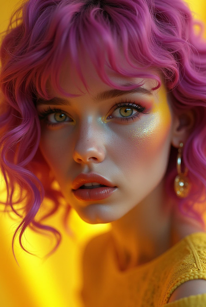 a photo of a woman with three different colors of hair, in the style of dark magenta and yellow, cute and colorful, dazecore, vividly bold designs, barbiecore, frequent use of yellow, algaepunk, cinematic lighting, Hyperrealism, photography cgi 3d UHDR, light particles, hyper realistic.