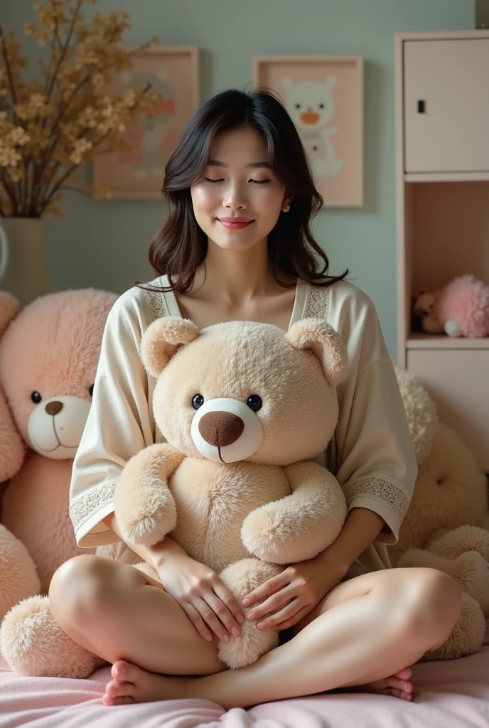 Realistic photos of (Japanese woman, 50 years old) , (naked:1), she sits cross-legged. Hug a reasonably large teddy bear. Tucked a bear high from your lap. Only up to her nipples. Not covering her nipples completely, see
(medium breasts, areola slip, Areola, half nipple : 0.84), hers, only half, ((perfectly beautiful hands and feet)) ,((most clear details)), in a pastel-colored room full of stuffed animals