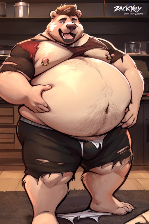 Fat furry bear ( fat, extremely huge inflated belly, excessive obesity, 1200 pounds, nipple piercing ), in underpants,(drak), male, 
BREAK (by zackary911, by braeburned, by haps), (transformation:1.3), ripped clothes, ripped clothes lie nearby, (human face:1.0), on the knees, red heared