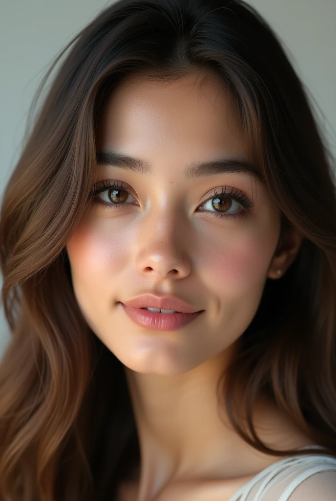 (photorealism:1.2), beautiful arabic woman, young 22-years-old, straight brown hair, long eyelashes, heart-shaped face, black Childish/round asian eyes, invitive gaze, full lips, small nose, straigth eyebrows, studio lighting.