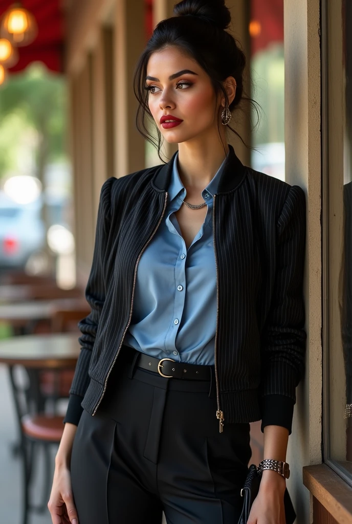 Full body image of beautiful pale white skin curvy hourglass body shape wide hips and big breasts russian woman, 5'8" tall, medium top bun black hair, deep brown round eyes, wearing close zipped up black pinstripe collared bomber jacket, black wide leg belted pants, rolled up sleeves, zipping up jacket, up collar, collared light blue formal button down blouse under jacket, dark blue turttleneck collar shirt under blouse, smile, tender eyes, leaning on the wall at a cafe, high hill sandals, summer sunny day, bag, watch and bracelet, neck chain, ear rings, red lips, crossing arms
