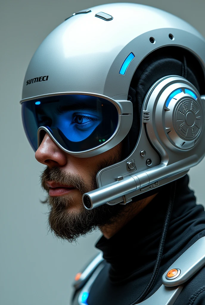 1 man, silver motorcycle helmet, snorkeling mask, portrait close up. Silver two pipe tube from mouth to head. Future design.. high tech. Wear google safety eyes glowing blue. The tube connect from head to mouth. Future headphone design blue led light detail. Starlord helmet design concepts. Very detail . High tech costume. Marvel. shape on the helmet. small tube glowing tube. facemask.