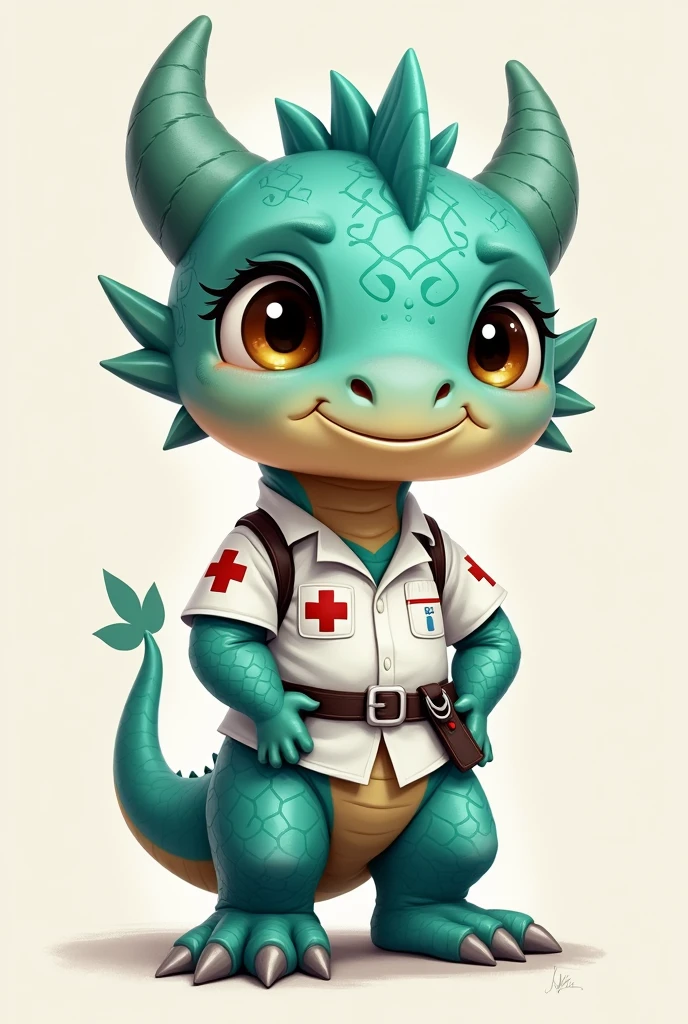 Create a chiby half dragon boy (dragónboy)turquoise and half human and has paramedic clothes