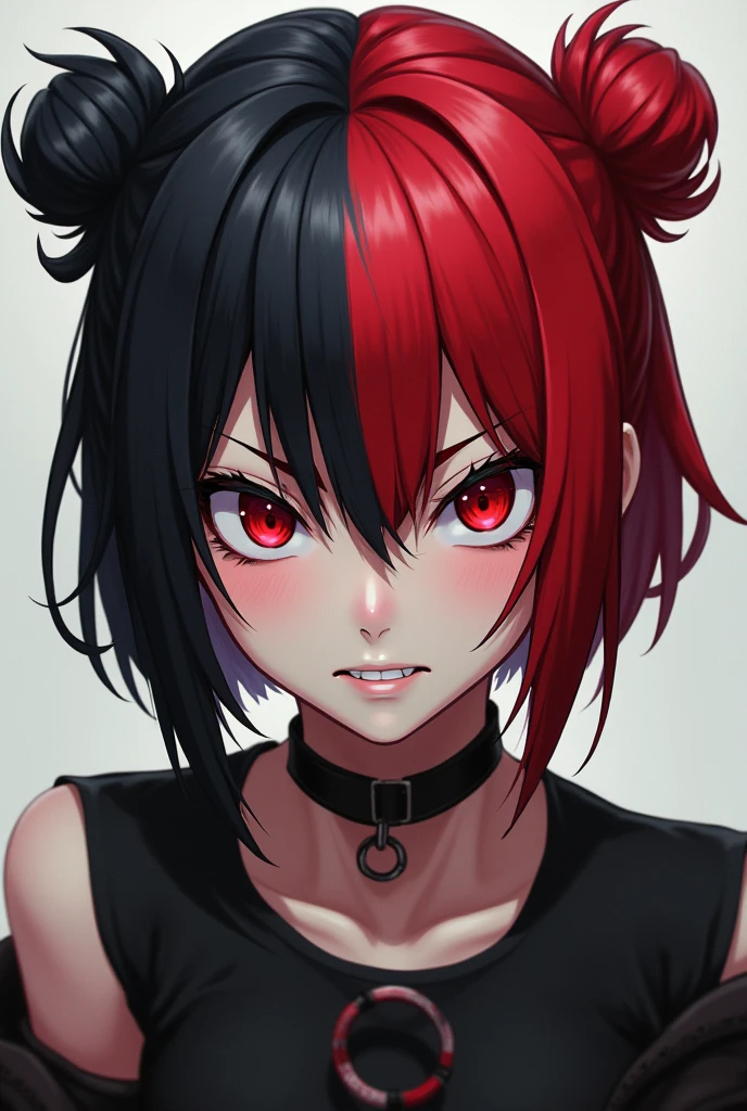 A anime girl with short half red and dark black hair, she has Septum piercing in her nose. She also has red eyes. And has a angry expression. she has emo clothing her hair is a high bun