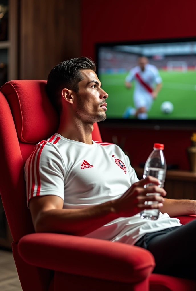 Cristiano Ronaldo;sur un son de luxe,assis sur un fauteuil de luxe et regarde la télévision dans son salon de luxe meublé,porte une culot rouge avec un peut de blanc,un t-shirt blanc Adidas,des claquette rouge luxe