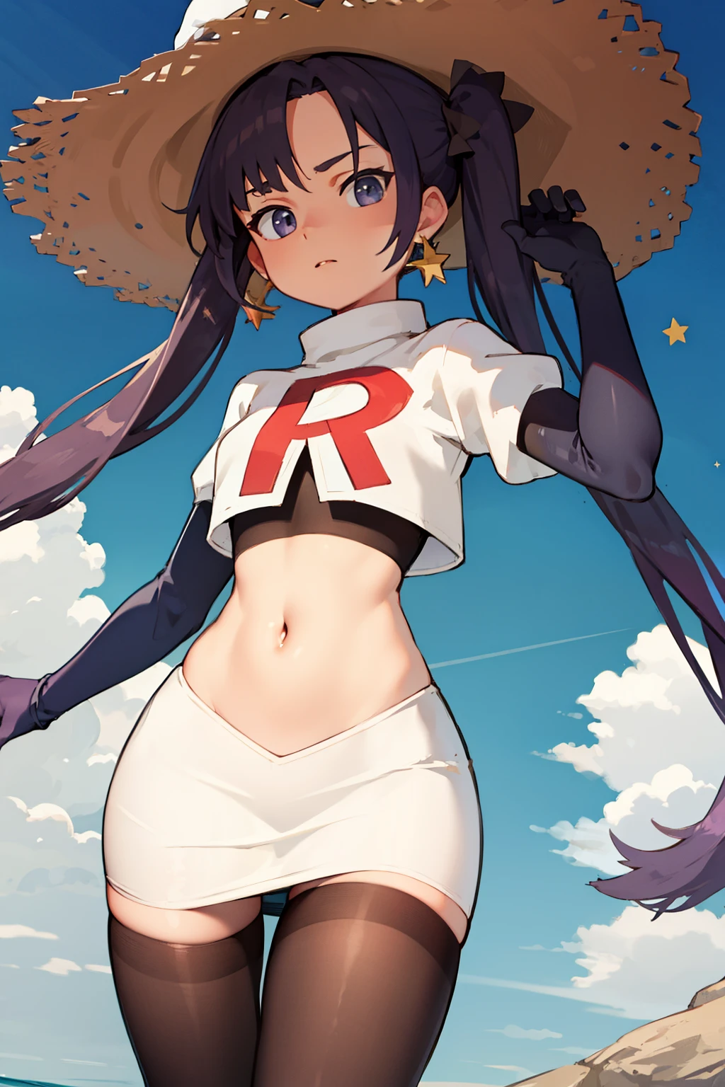 ((masterpiece,best quality)), team rocket,team rocket uniform,white skirt,red letter R,crop top,black thigh-highs,black elbow gloves, purple_hair, zettai ryouiki, aamona, long hair, twintails, star_earrings,hair ornament, hat, jewelry, star_\(symbol\), witch_hat, earrings, purple headwear, cowboy shot,