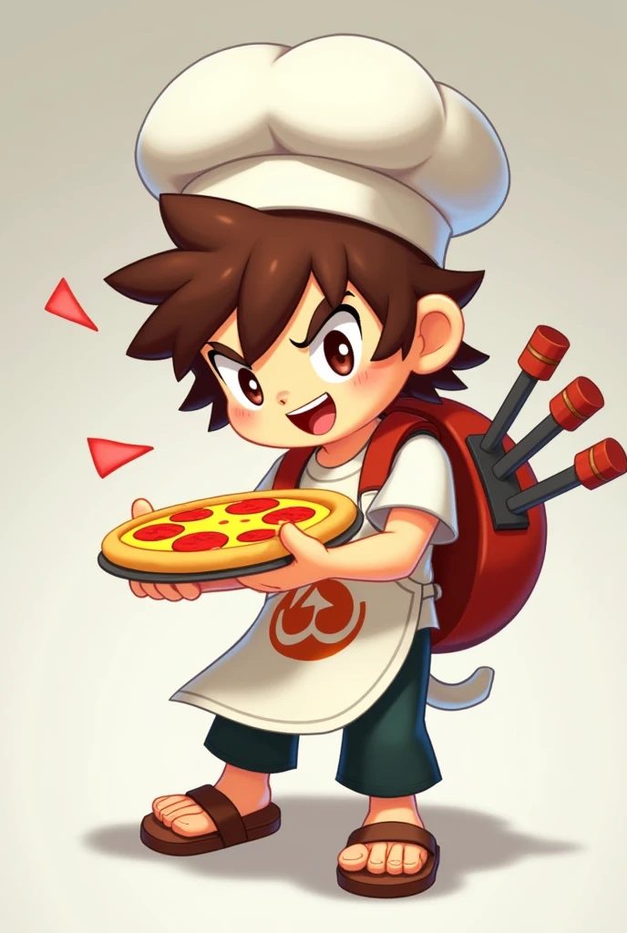Tosatte is a brawler from the game Brawl Stars who is passionate about pizza., whose main weapon is a pizza grabber. He is Fang&#39;s younger brother.,Tosatte has a chef hat on, her brown hair sticks out of the hat,he has a white t-shirt and a white apron with a pizza logo,your dark green pants,he wears a brown sandal,your eyes are very bright and your smile shows a lot of charisma,he is holding a pizza and on his back he has his gun a pizza tongs 