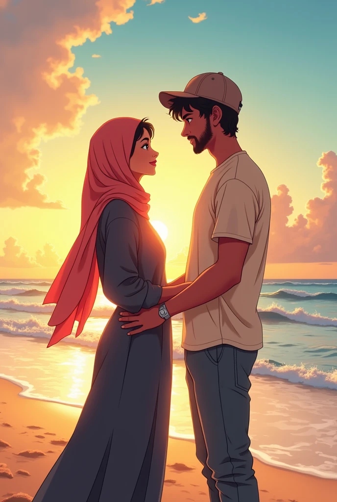 Amal hijab + yacine barbe casquette couple algeriens muslim plage style anime