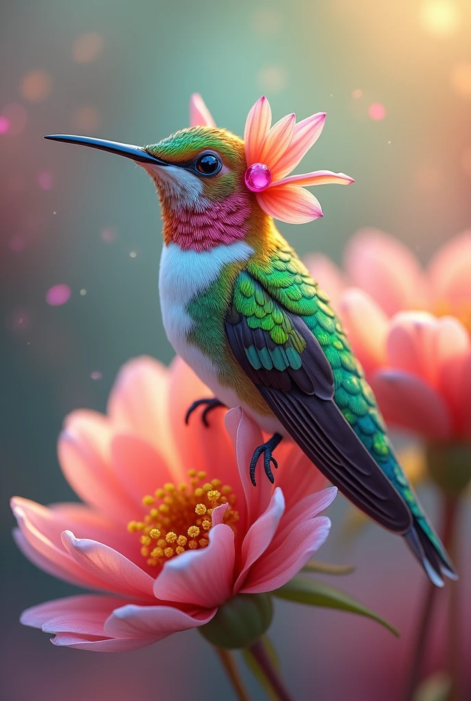 Hummingbird in green, blue, orange and pink and Princess flower earring