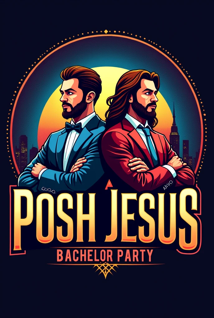 bachelor party logo, with the names eliot, posh jesus