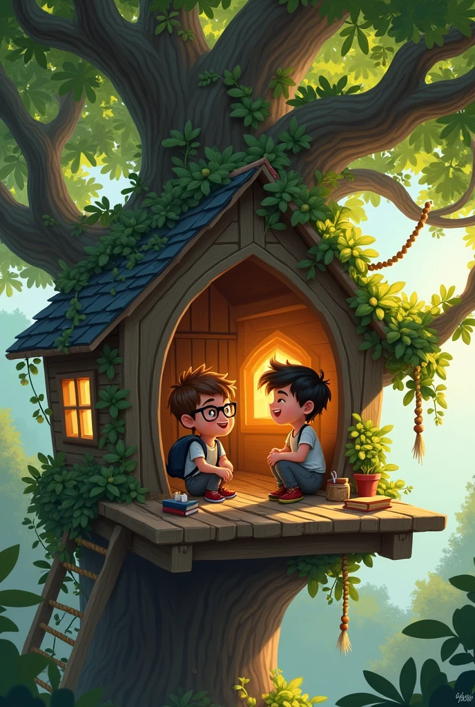 two boys and a , Preteens, talking inside a tree house.
