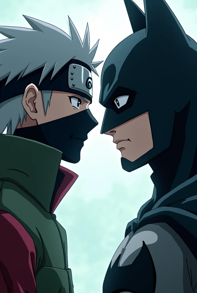 Kakashi olhando para o Batman em confrontamento, close-up, anime, anime style, UHD, high details
