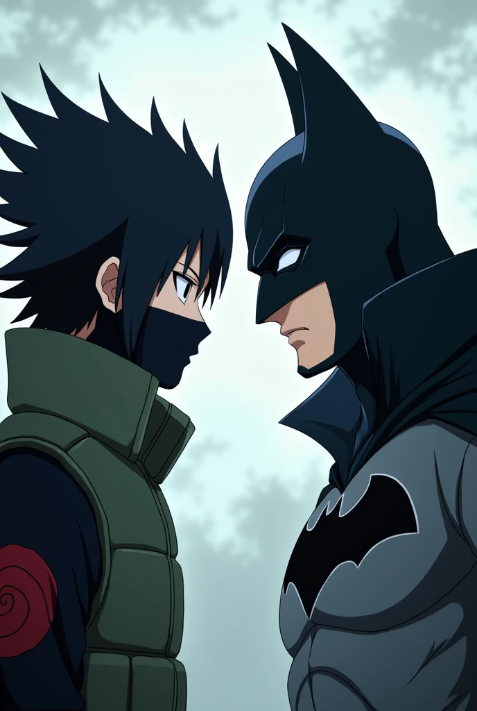 Kakashi olhando para o Batman em confrontamento, close-up, anime, anime style, UHD, high details
