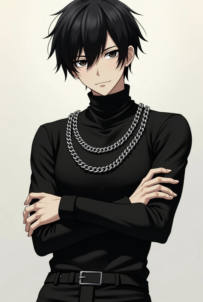 Serious 1 anime character crossing his arms wearing a black turtleneck shirt with chains and a black military pants and black hair and black eyes with a disinterested face