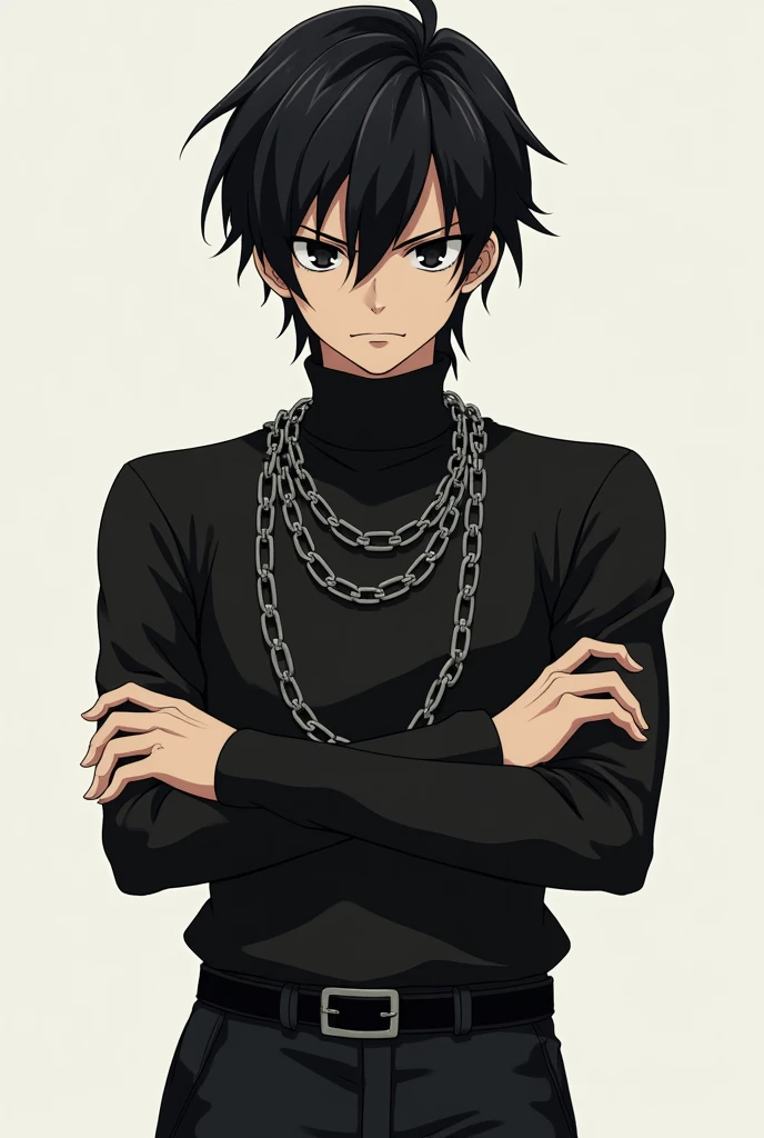 Serious 1 anime character crossing his arms wearing a black turtleneck shirt with chains and a black military pants and black hair and black eyes with a disinterested face