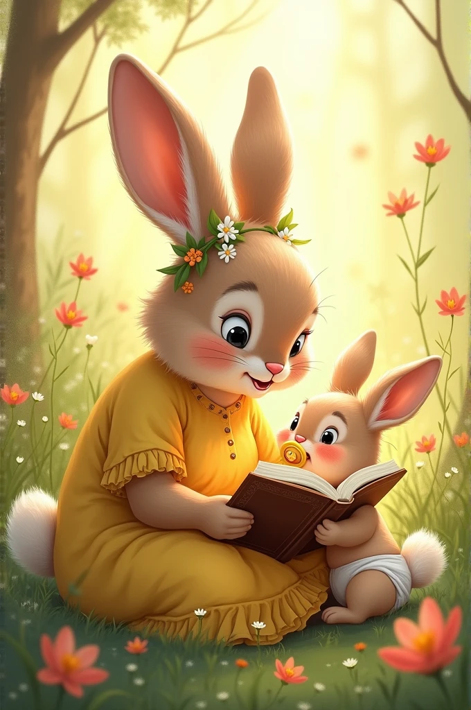 Mama Rabbit with flowers in her hair and a yellow dress, reading stories to your baby Rabbit, in a diaper with a pacifier in his mouth
