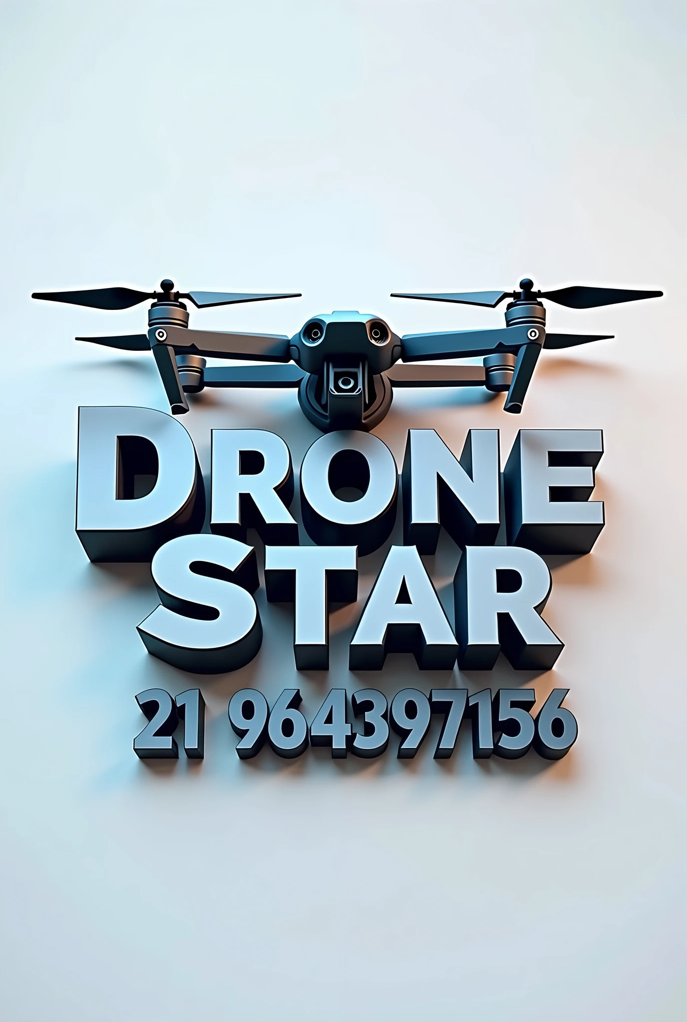 Create a 3D logo, to be embedded in images, with name DRONE STAR, with the image of a drone and the contact telephone number (21) 964397156 Aluizio Carvalho