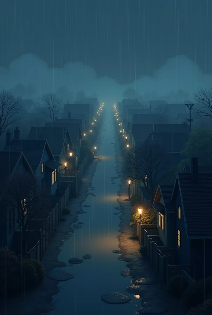 Simple metropolis with houses at night with mist after rain