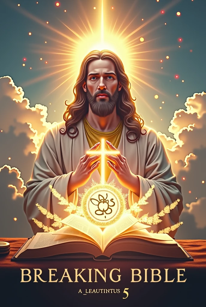 Create a cover for a YouTube channel called "BREAKING BIBLE. Cap. 5". The cover must be striking and attractive, with a design that conveys a spiritual and educational message.
Specifications:
1. Main Title: "¿EXISTEN JUDAS HOY EN DÍA" - Chapter 5".
2. Visual Style: Modern and dynamic, with a spiritual touch. Use soft and warm colors such as gold, white, sky blue and purple, which convey peace and wisdom.
3. Graphic Elements: Include religious symbolic elements such as an open Bible, a cross, and a radiant light illuminating from the background, as well as images of Jesus Christ. Add symbols that represent the names of God such as Hebrew letters or an artistic representation of God.
4. Typography: Use clear and legible typography for the main title "BREAKING BIBLE - Chapter 5" and a smaller subtitle that says "Knowing the names of God." The font should be sleek yet modern, with a soft glow or shimmer effect.
5. Background: A background that matches the colors mentioned, with a heavenly light effect or soft clouds to give a sense of spiritual depth.
6. Additional Iconography: Add subtle icons like a quill or scrolls to represent biblical teaching and wisdom.
7. Format and Resolution: The cover art should be in landscape format and high resolution, suitable for a YouTube thumbnail (1280x720 pixels).