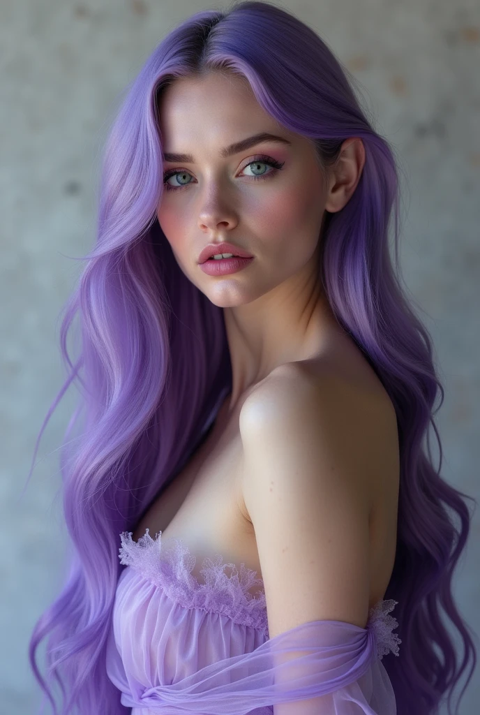 Beautiful woman with long hair down to her waist, purple hair, symmetrical face with irises in detail, light violet transparent dress, diamond shaped face, elegant and beautiful, pink lips, image approaching perfection, raw image, beautiful of beautiful