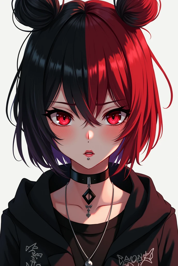 A anime girl with short red and dark black hair, she has Septum piercing in her nose. She also has red eyes. And has a angry expression. she has emo clothing her hair is a high bun