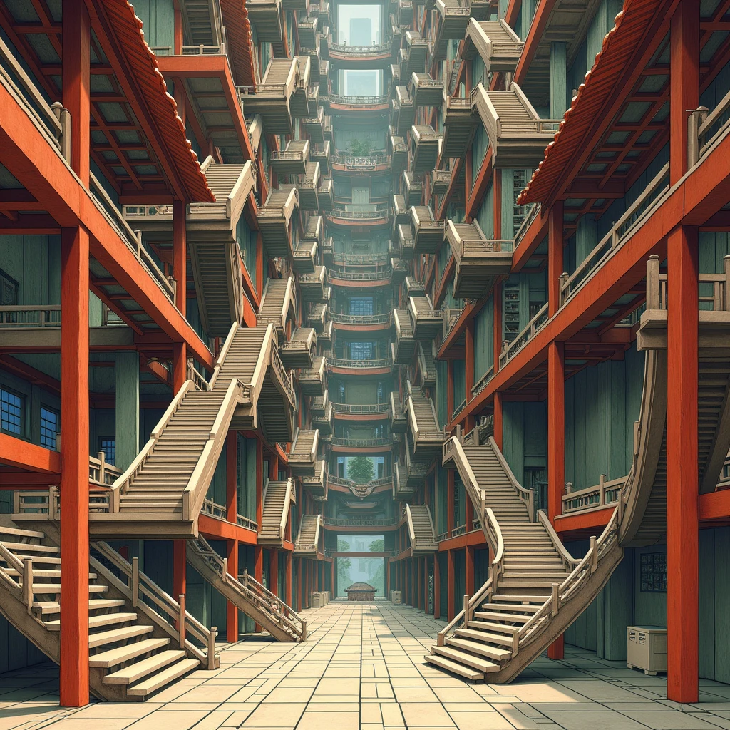 Espace extra-dimensionnel infiniment grand dans un style labyrinthe non symétrique de MC Escher. Il se compose de plusieurs salons, divers couloirs, various endless halls and many stairs in a Style japonais. Il n'y a pas de plafond. Il a un sens de la gravité déformé, permettant aux pièces d'être à l'envers ou perpendiculaires aux escaliers. Sa physique est déformée. Sa structure et sa disposition aléatoire. [Style japonais] [para-dimensionnel] [Forteresses de l'infini] [Labyrinthe MC Esher]