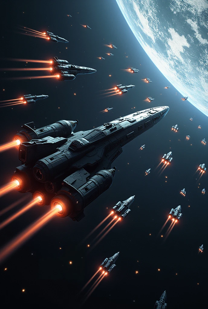 armée de vaisseau spatiale dans l espace allant vers une planète extraterrestres les vaisseaux se font tirer des vaisseaux explosent et d'autres s'écrasent