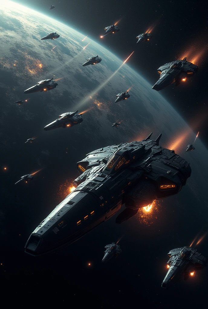 armée de vaisseau spatiale dans l espace allant vers une planète extraterrestres les vaisseaux se font tirer des vaisseaux explosent et d'autres s'écrasent