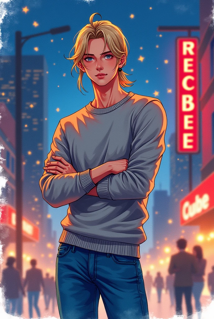 Watercolor style. Best quality. Professional drawing. Handsome, cute guy, 1. Medium length light straight hair tied into a ponytail at the back of the head. arms crossed over his chest. Standing against the background of the city at night. Dressed in fashionable jeans and a sweater. Behind the back is a sign saying Red Cube