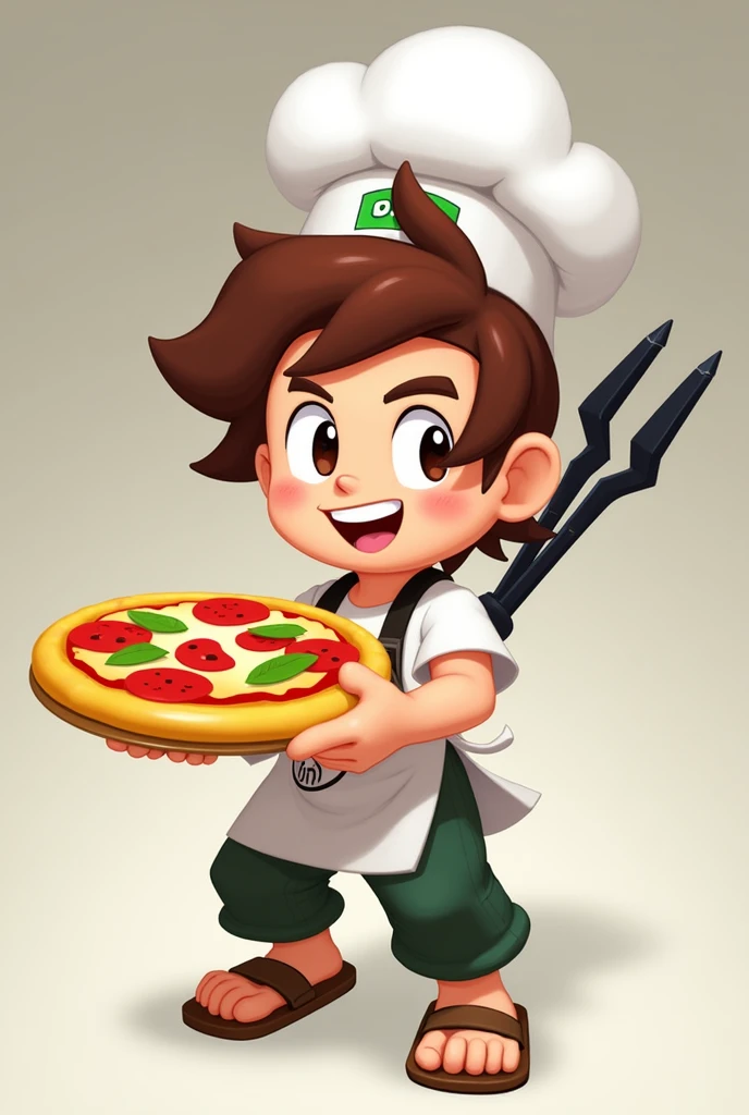 Tosatte is a brawler from the game Brawl Stars who is passionate about pizza., whose main weapon is a pizza grabber. He is Fang's younger brother.,Tosatte has a chef hat on, her brown hair sticks out of the hat,he has a white t-shirt and a white apron with a pizza logo,your dark green pants,he wears a brown sandal,your eyes are very bright and your smile shows a lot of charisma,he is holding a pizza and on his back he has his gun a pizza tongs