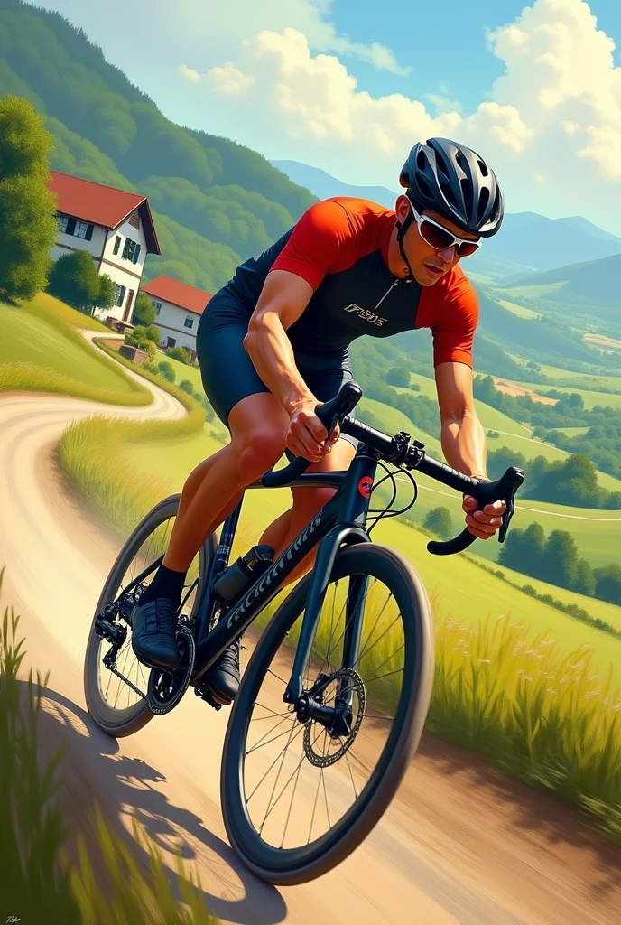 Drawing of a person riding a bicycle at high speed in side view with a country background