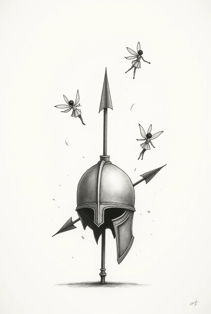helmet with an arrow through it horizontally and small fairies flying above the helmet, simple drawing