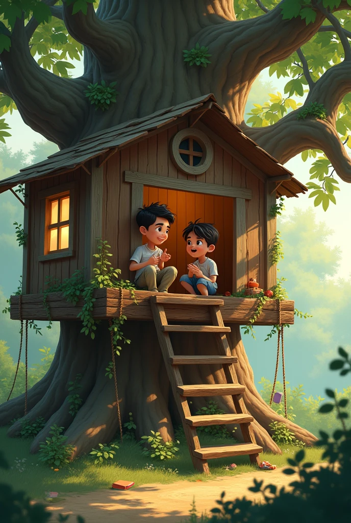 two boys and a , Preteens, talking inside a tree house.