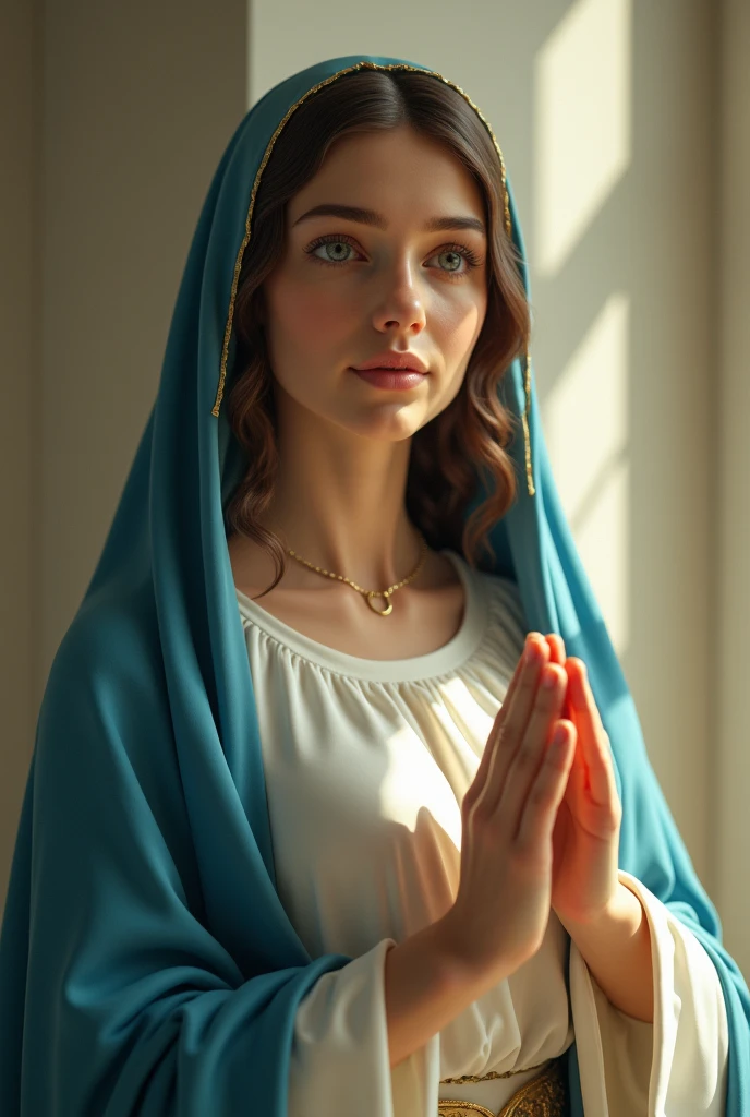 portrait of Mary mother of God, Mary, Virgin Mary, Holy Mother, Mother of Jesus, Our Lady, Our Lady of Graces, woman with blue cloak, slight smile on her face, open arms, white silk tunic, silk fabric, girl white, young, blue veil covering hair, clear facial features, cinematic, photo shoot, shot with 25 mm lens, depth of field, tilt blur, shutter speed 1/1000, f/22, white balance, 32k , Super Resolution, Pro Photo RGB, Half Backlight, Backlight, Dramatic Lighting, Incandescent, Soft Lighting, Volumetric, Conte-Jour, Global Illumination, Screen Space Global Illumination, Dispersion, shadows, rough, flicker, reflections lumen, spatial screen reflections, diffraction gradation, chromatic aberration, GB shift, scan lines, ambient occlusion, anti-aliasing, FKAA, TXAA, RTX, SSAO, OpenGL-Shaders, post-processing, post-production, shadow cells, tone mapping, CGI, VFX, SFX, incredibly detailed and intricate, hyper maximalist, elegant, dynamic pose, photography, volumetric, ultra-detailed, intricate details, super detailed, ambient -- uplight --v 4 --q 2
