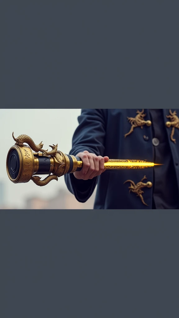 "Create a futuristic lightsaber inspired by the Monkey King (Wukong) from Chinese mythology. The hilt should resemble a golden staff with intricate dragon patterns and traditional Chinese motifs. The grip should be wrapped in dark material with gold accents. The blade should be a vibrant, shimmering gold or yellow, with a slightly undulating effect to suggest dynamic movement. The young Asian man holding the lightsaber should be depicted in a confident, heroic pose, wearing a modern outfit with traditional elements, such as a sleek jacket with dragon embroidery."
