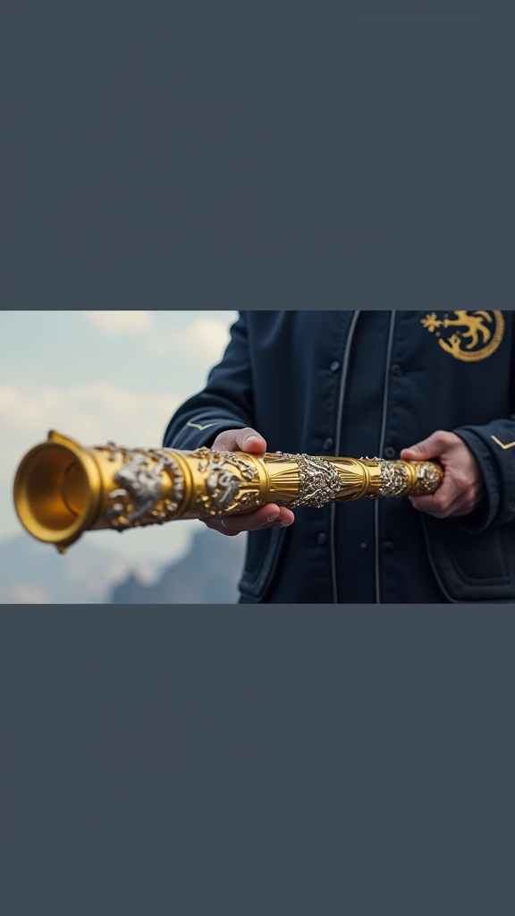 "Create a futuristic lightsaber inspired by the Monkey King (Wukong) from Chinese mythology. The hilt should resemble a golden staff with intricate dragon patterns and traditional Chinese motifs. The grip should be wrapped in dark material with gold accents. The blade should be a vibrant, shimmering gold or yellow, with a slightly undulating effect to suggest dynamic movement. The young Asian man holding the lightsaber should be depicted in a confident, heroic pose, wearing a modern outfit with traditional elements, such as a sleek jacket with dragon embroidery."