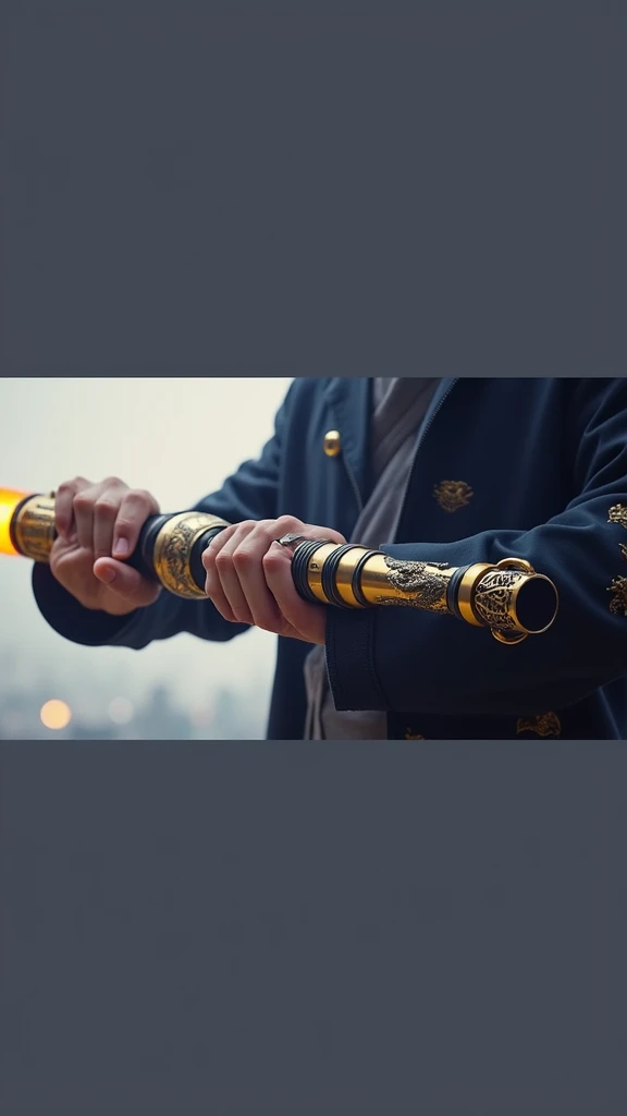 "Create a futuristic lightsaber inspired by the Monkey King (Wukong) from Chinese mythology. The hilt should resemble a golden staff with intricate dragon patterns and traditional Chinese motifs. The grip should be wrapped in dark material with gold accents. The blade should be a vibrant, shimmering gold or yellow, with a slightly undulating effect to suggest dynamic movement. The young Asian man holding the lightsaber should be depicted in a confident, heroic pose, wearing a modern outfit with traditional elements, such as a sleek jacket with dragon embroidery."