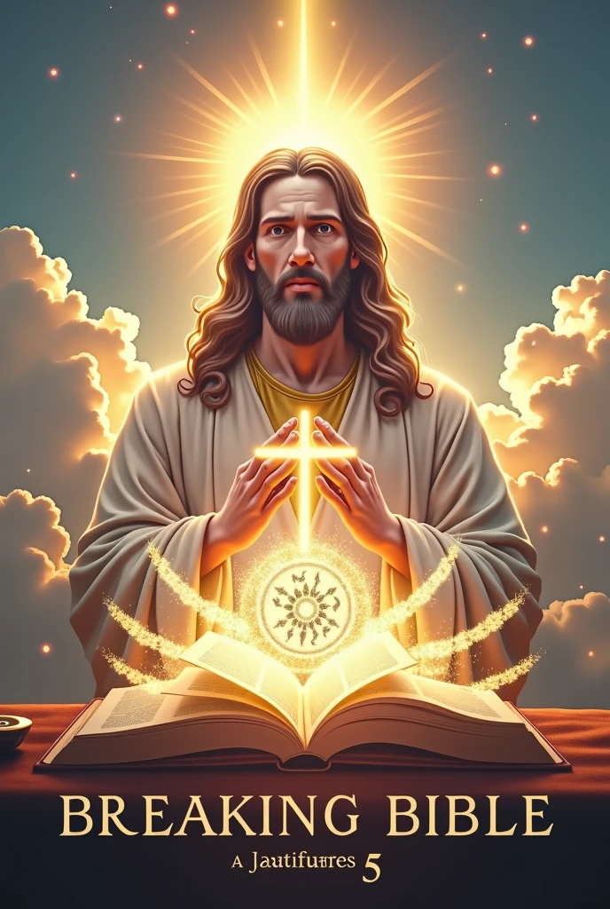 Create a cover for a YouTube channel called "BREAKING BIBLE. Cap. 5". The cover must be striking and attractive, with a design that conveys a spiritual and educational message.
Specifications:
1. Main Title: "¿EXISTEN JUDAS HOY EN DÍA" - Chapter 5".
2. Visual Style: Modern and dynamic, with a spiritual touch. Use soft and warm colors such as gold, white, sky blue and purple, which convey peace and wisdom.
3. Graphic Elements: Include religious symbolic elements such as an open Bible, a cross, and a radiant light illuminating from the background, as well as images of Jesus Christ. Add symbols that represent the names of God such as Hebrew letters or an artistic representation of God.
4. Typography: Use clear and legible typography for the main title "BREAKING BIBLE - Chapter 5" and a smaller subtitle that says "Knowing the names of God." The font should be sleek yet modern, with a soft glow or shimmer effect.
5. Background: A background that matches the colors mentioned, with a heavenly light effect or soft clouds to give a sense of spiritual depth.
6. Additional Iconography: Add subtle icons like a quill or scrolls to represent biblical teaching and wisdom.
7. Format and Resolution: The cover art should be in landscape format and high resolution, suitable for a YouTube thumbnail (1280x720 pixels).