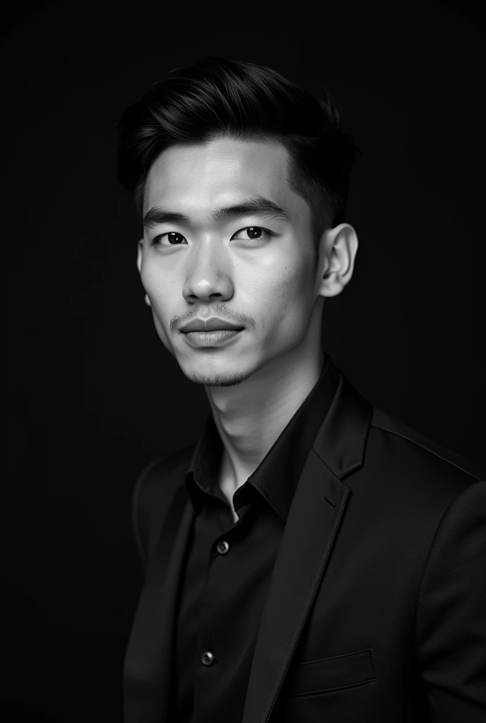 A professional black-and-white portrait of a perfect handsome indonesia europe mix young success man 30 yo, dark hair. wearing modern shirt inblazer. The background is solid black, highlighting her features and creating a sleek, modern look. The lighting is soft and evenly distributed, emphasizing confident and approachable expression.
