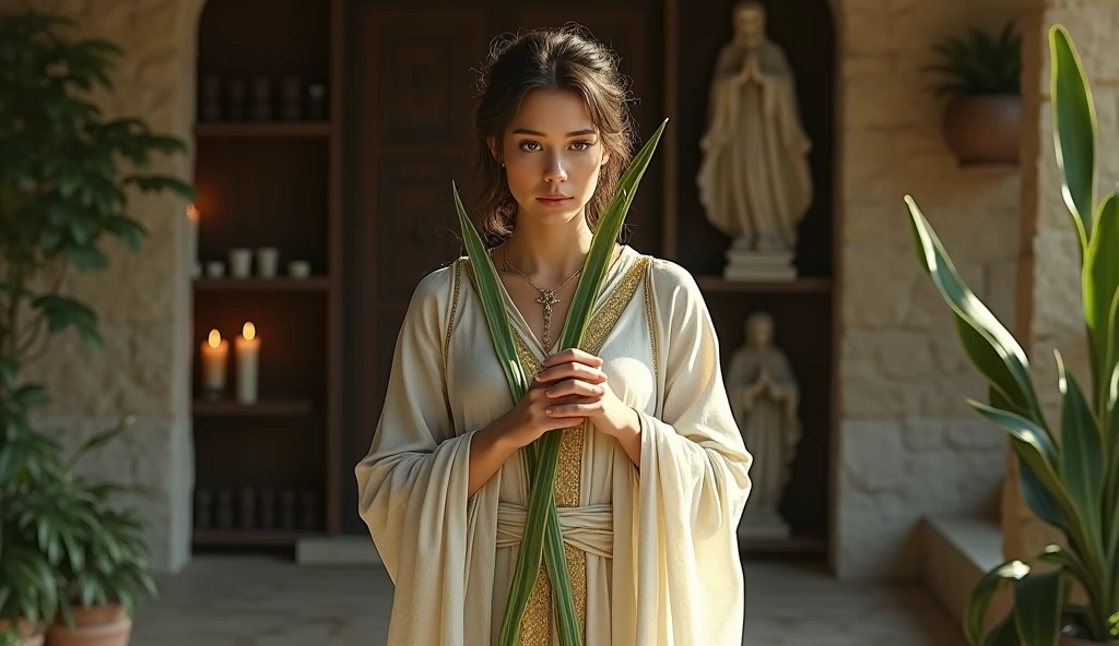 beautiful woman healer, with gold threads in the garment, with exquisite ultra realistic costumes with two long plants in the shape of thin spears, crossing like an x in front of your chest. The plant is green with medium green and dark green stripes throughout.. In the background, a modern and rustic house with a shelf with saints and lit candles. convey depth.