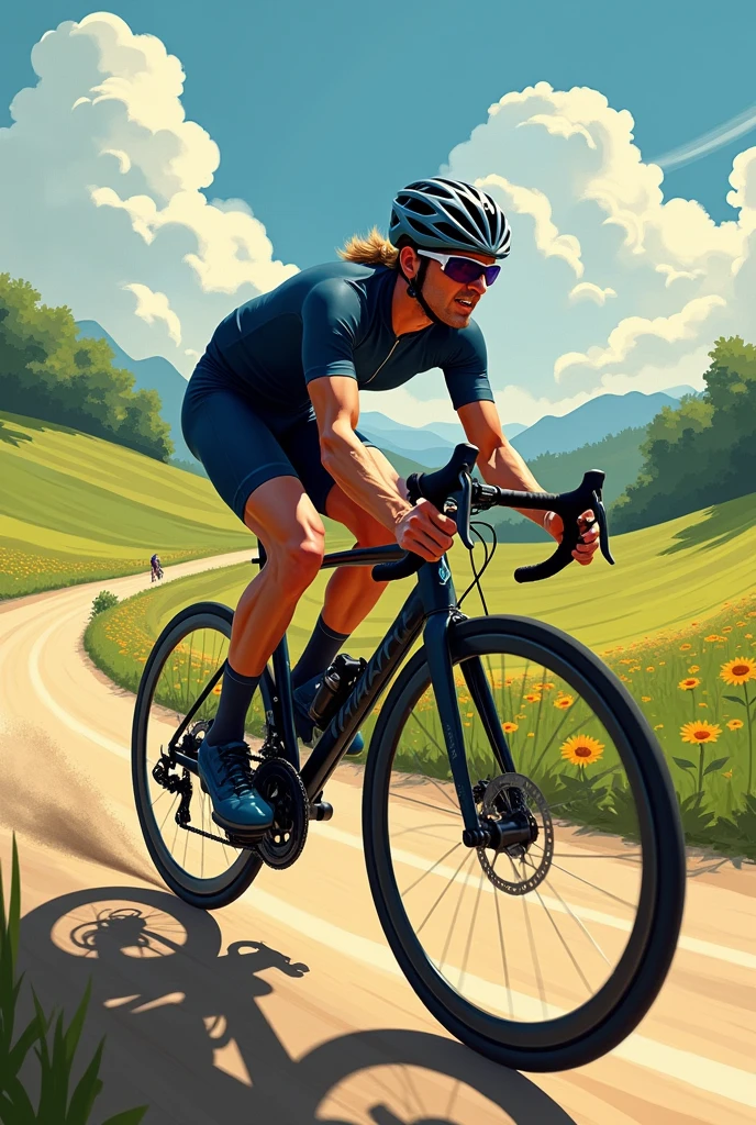 Drawing of a person riding a bicycle at high speed in side view with a country background