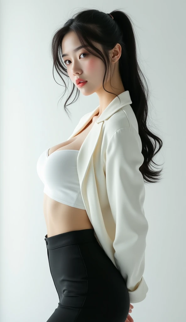 (8K, RAW photo, best quality, masterpiece:1.3), (realistic, photo-realistic:1.37), realistic skin texture, (photorealistic:1.3), (hyperrealistic:1.2.3.4), super sexy Korean , long black hair in a tight ponytail, large breasts, busting out massive cleavage, fit physique, white blazer jacket, white form-fitting blouse, black pencil skirt, high heels.