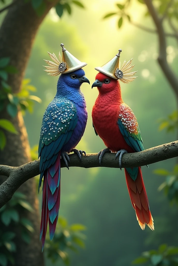 Create an 8K high-resolution image of two exotic, vibrant birds perched on a branch in a lush forest setting. The birds should have striking, multi-colored feathers with intricate patterns resembling gemstones, including shades of blue, purple, red, and green. They are wearing traditional Asian-style conical hats with elegant silver adornments. The birds' long, graceful tail feathers should feature ornate white designs with bead-like decorations. The background should be softly blurred, with natural sunlight filtering through the dense green foliage, creating a magical, serene atmosphere. Capture the details of the birds’ feathers and the hats in ultra-sharp resolution, ensuring a visually stunning and realistic appearance."