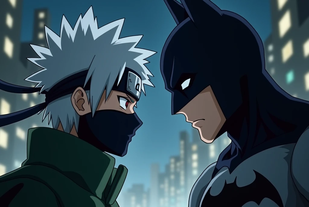 Kakashi olhando para o Batman em confrontamento, close-up, anime, anime style, UHD, high details, motion blur
