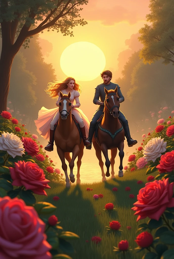 A princess with a blond hair and a simple yet beautifull dress and a handsome knight with brown hair and blue eyes racing horses in the big and beutifull big entchated forest with lots of red,pink and white roses near a river in the sunset