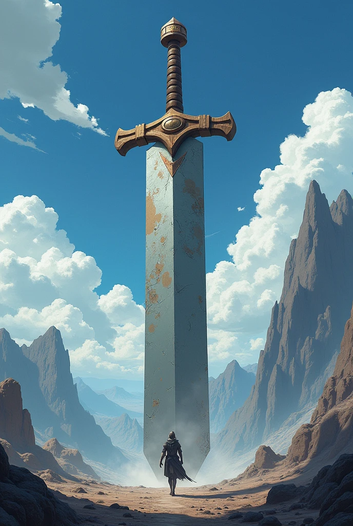 anime just a big sword far with the blade made of polished stone, with a berserker style design and the wooden handle