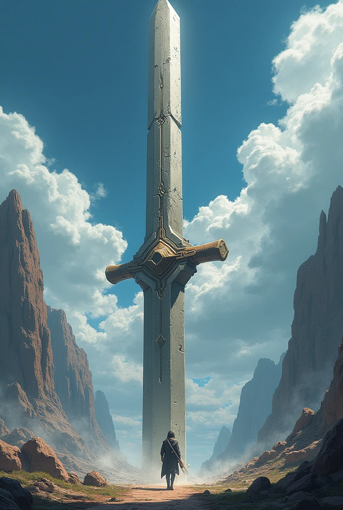 anime just a big sword far with the blade made of polished stone, with a berserker style design and the wooden handle
