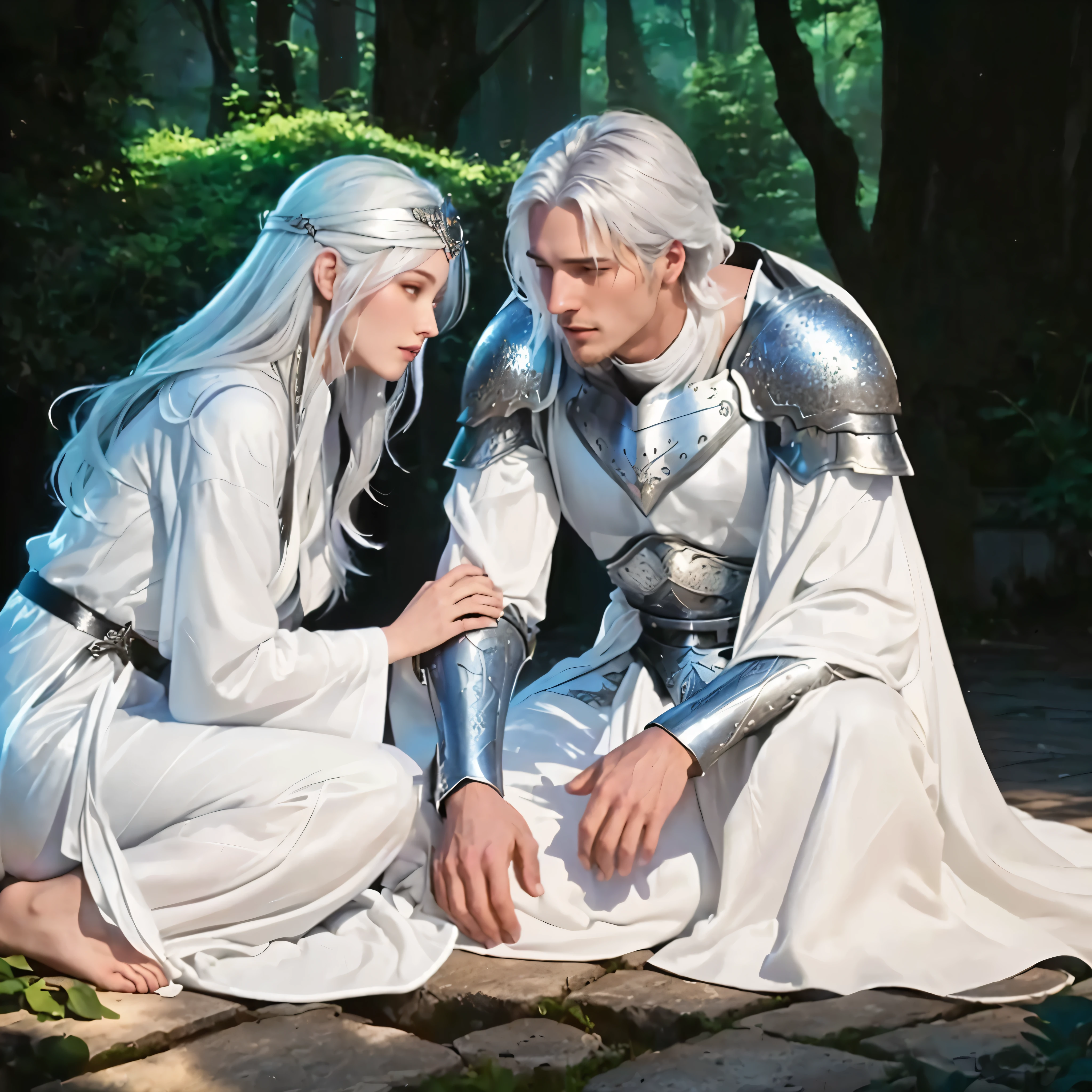 A man and a women dressed in white sitting on a bench, garden, grove asya yoranova and alan lee, magali villeneuve', edmund blair and charlie bowater, charlie bowater and artgeem, knight and princess, charlie bowater and tom bagshaw, darius zawadzki and tom bagshaw, flowing white robes, by Magali Villeneuve